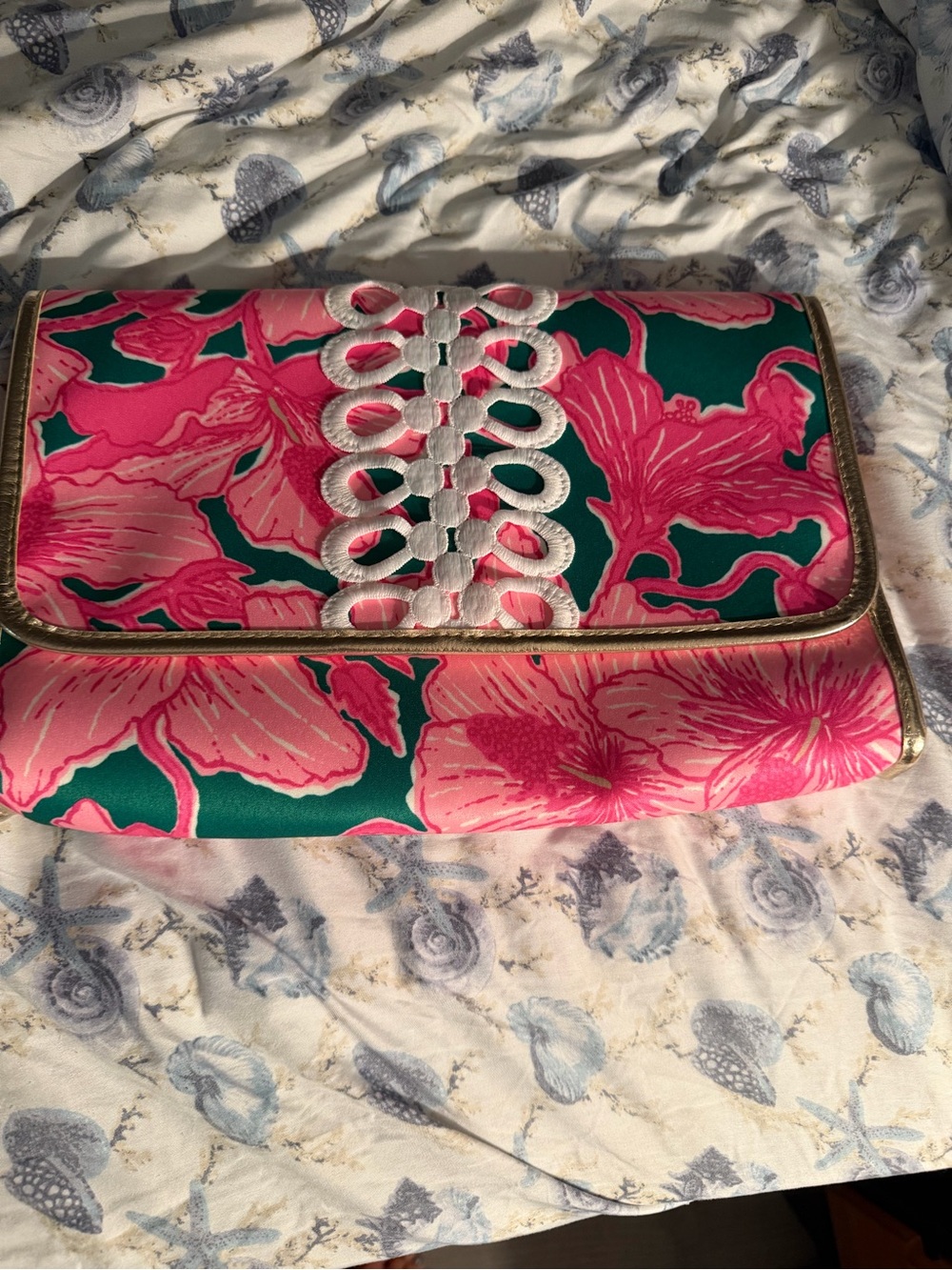 Lilly Pulitzer Pink & Green Floral Women's Clutch Bag - Decorative Lace Accent